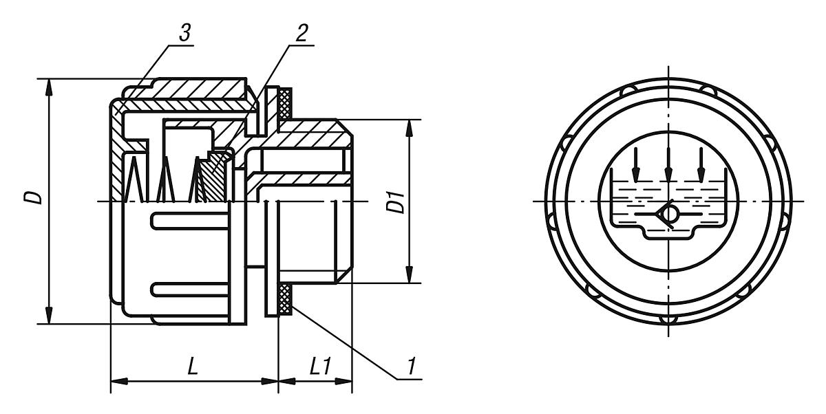 Norelem 28038-30012 ENTLÜFTUNGSSCHRAUBE, D=30, D1=G 1/2 - NLM 28038 Entlueftungsschrauben mit Rueckschlagventil - Massblatt