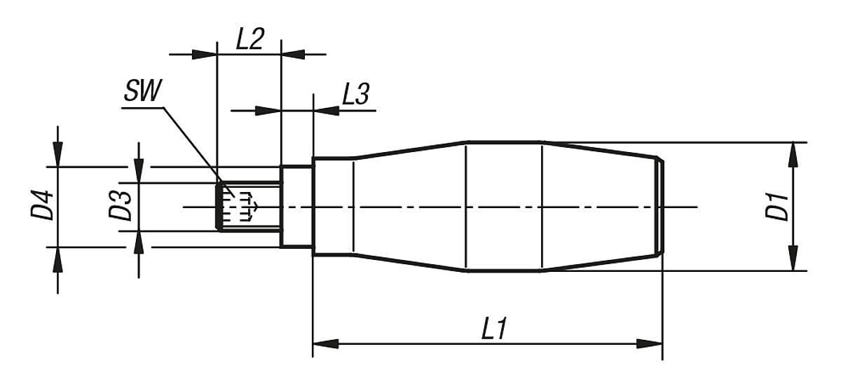 Norelem 06312-24 DREHBARER BALLENGRIFF, GERADE FORM, D1=24, L1=78 - NLM 06312 Drehbare Ballengriffe  gerade Form - aehnlich DIN 98 - Massblatt