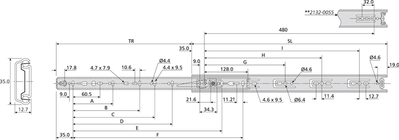 Accuride DZ2132-0070DO Teleskopschienen 75% Teilauszug, 12,7x35, SL 700,TR 526, 35kg, hell verzinkt - 2132 Accuride Teleskopschiene technische Zeichnung