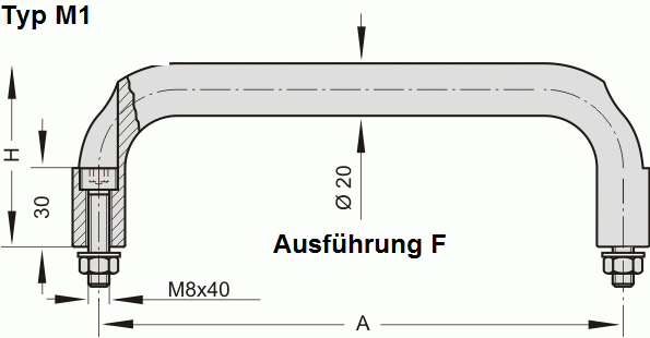 Leschhorn M1-20.F200.14   Kommandogehäuse Griffe Rundaluminium Ø 20 mm frontseite Befestigung A 200,  schwarz eloxiert - Leschhorn M1 Kommandogehaeuse Griffserie Zeichnung M1 F