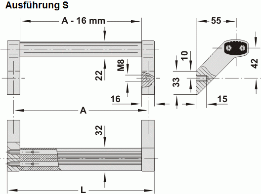 Leschhorn A2-32.S200.N01 massive Aluprof® Griffe mit schrägem Alu-Schenkel Typ S, A 200, natur eloxiert - Griff aus Einzelelementen, komplett montiert - Zeichnung - A2-32-S massive Aluprof Griffserien mit schraegen Schenkel