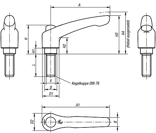 Kipp K0124.9206X15 KLEMMHEBEL EDELSTAHL GR.2 M6x15 MIT SCHUTZKAPPE - KIPP K0124 Klemmhebel Edelstahl mit Schutzkappe m