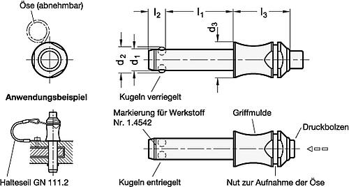 Ganter 113.4-12-20 Edelstahl Kugelsperrbolzen mit Griffmulde, Werkstoff 1.4542 - GN 113-4 Edelstahl Kugelsperrbolzen mit Griffmulde -Skizze
