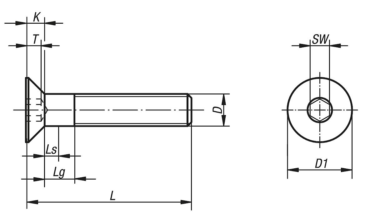 Kipp K0708.406X25 SENKSCHRAUBE MIT INNENSECHSKANT DIN EN, ISO10642 M6X25 GEWINDE DURCHGEHEND, STAHL 8.8 GALVANISCH VERZINKT - K0708 Senkschrauben mit Innensechskant DIN EN ISO 10642 - Massblatt