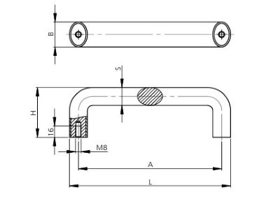 Leschhorn SO-26.S140.2009 Bügelgriffe, Aluminium, A=140, L=159, Griff orange - Technische Zeichnung SO-26 - SO-35 Buegelgriffe - Aluminium