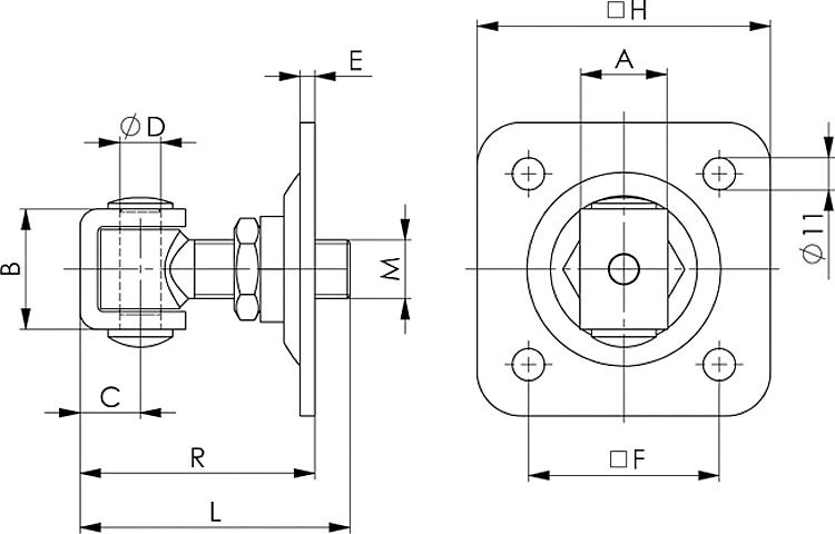 AMF 149TD-M20 Torband mit Dübelplatte, Größe : M20, ØD: 14, L: 92 - LE 149TD Torband mit Duebelplatte -Skizze