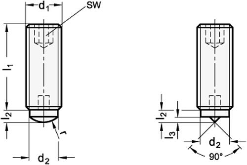 Ganter 913.2-M10-16-A GEWINDESTIFT, DRUCKZAPFEN MIT HALBKUGEL - GN 913-2 Gewindestifte mit gehaertetem Zapfen-Skizze