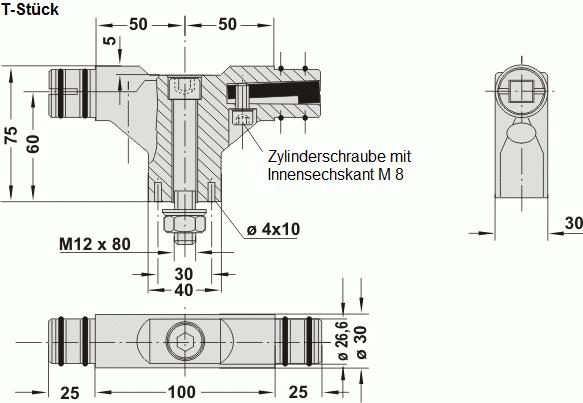 Leschhorn HS-30.400.11   Griffe Typ A Oberfläche geschliffen, Rohre Ø 30x1,5  L 400 Schenkel schwarz / Rohr natur Griff aus Einzelelementen - Leschhorn HS Handlauf und Rohrgriff-Stecksystem - T-Stueck Zeichnung