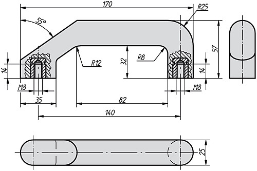 Kipp K0187.101 BÜGELGRIFF A=140, M8, DUROPLAST FS31, BUCHSE MESSING - KIPP K0187 Buegelgriffe