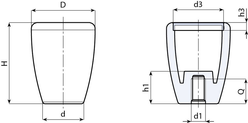 Leschhorn I124 Konusknöpfe  D 43; d 27; Gewinde d1 M10; Kunststoff PA, schwarz - LE I124 Konusknoepfe-EcoLine-Massblatt