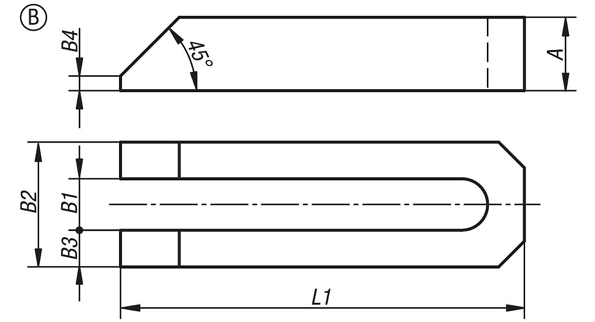 Norelem 04110-210 SPANNEISEN GABELF. DIN 6315     AL, B1=11, L1=100 - NLM 04110-Aluminium Spanneisen gabelfoermig DIN 6315 - Aluminium - Massblatt