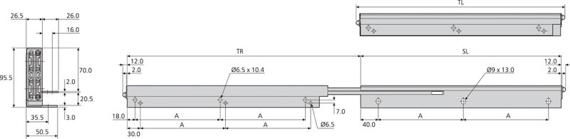 Accuride DZ0522-1159L Teleskopschienen 100% Überauszug, 26,5x95,5, SL 457, TL 481, 180kg, hell verzinkt - 0522 Accuride Teleskopschiene technische Zeichnung