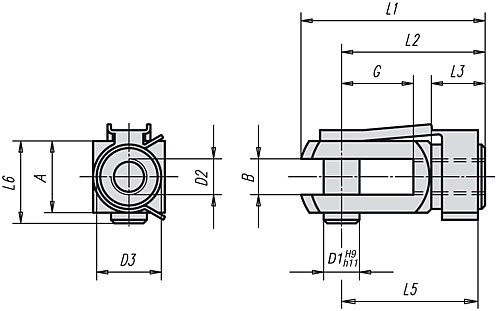 Kipp K0731.12124 GABELKOPF M.FEDERKLAPPBOLZEN, DIN 71752,  RECHTS, D2=M12X1,25, A=24 - KIPP K0731 Gabelkoepfe mit Federklappbolzen DIN 717