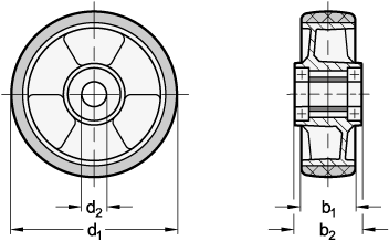 Ganter 22885-100-K-A  Räder, Laufbelag Polyurethan, Radkörper Aluminium, Raddurchmesser d1: 100, Lagerart: K - Kugellager, Form: A - Rad ohne Gehäuse - GN 22885 Raeder - Laufbelag Polyurethan - Radkoerper Aluminium - Massblatt