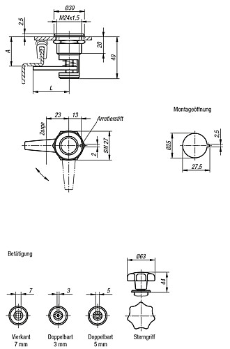 Kipp K0528.1737441 KOMPRESSIONS DREHRIEGEL, A=37 44 VIERKANT 7 MM - KIPP K0528 Kompressions Drehriegel mit variablem