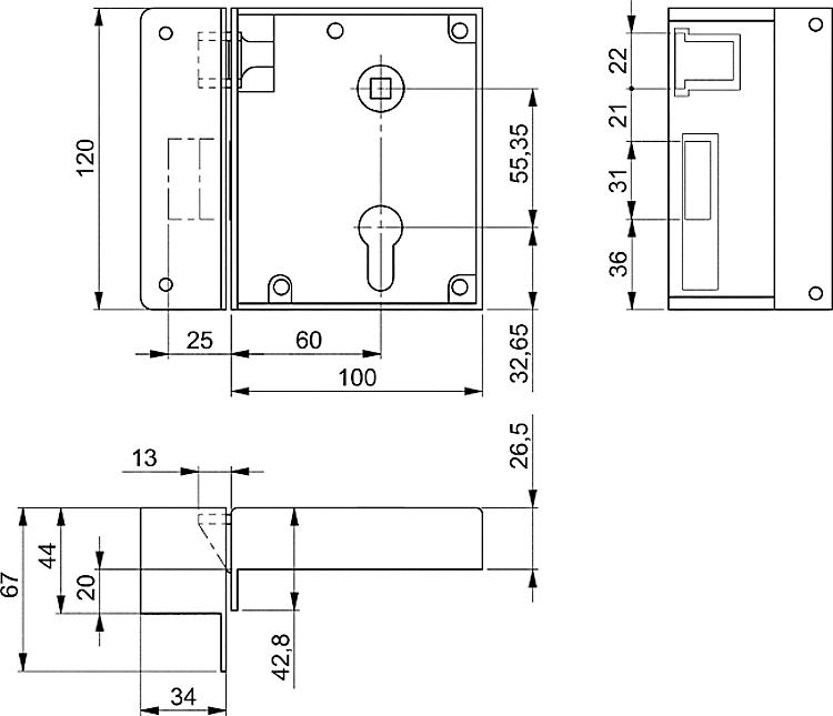 AMF 2ZW L Schweres Schließkappenschloss einwärts, Kastenbreite: 100 mm, Schließung: PZW, Dorn: 60 mm - LE 2 Schweres Schliesskappenschloss einwaerts-Skizze