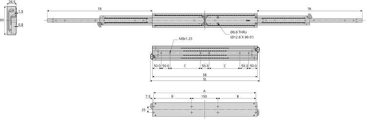 Accuride DA4165-0040-A Aluminium Schwerlast Teleskopschienen 100% , Vollauszug, Auszug in beide Richtungen, 26,5x80, SL 422, SB 400, TR 400, 210kg - LE70002 DA4165 Aluminium Schwerlast Teleskopschienen - Vollauszug in beide Richtungen