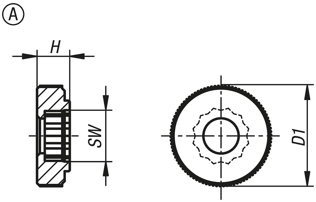 Norelem 06131-00040 RÄNDELKNOPF FÜR SECHSKANTSCHRAUBEN,D1=17 H=5,5, FORM:A POM, SCHWARZ, FÜR M04, SW=7 - NLM 06131 Raendelknoepfe fuer Schrauben mit Aussensechskant - Massblatt