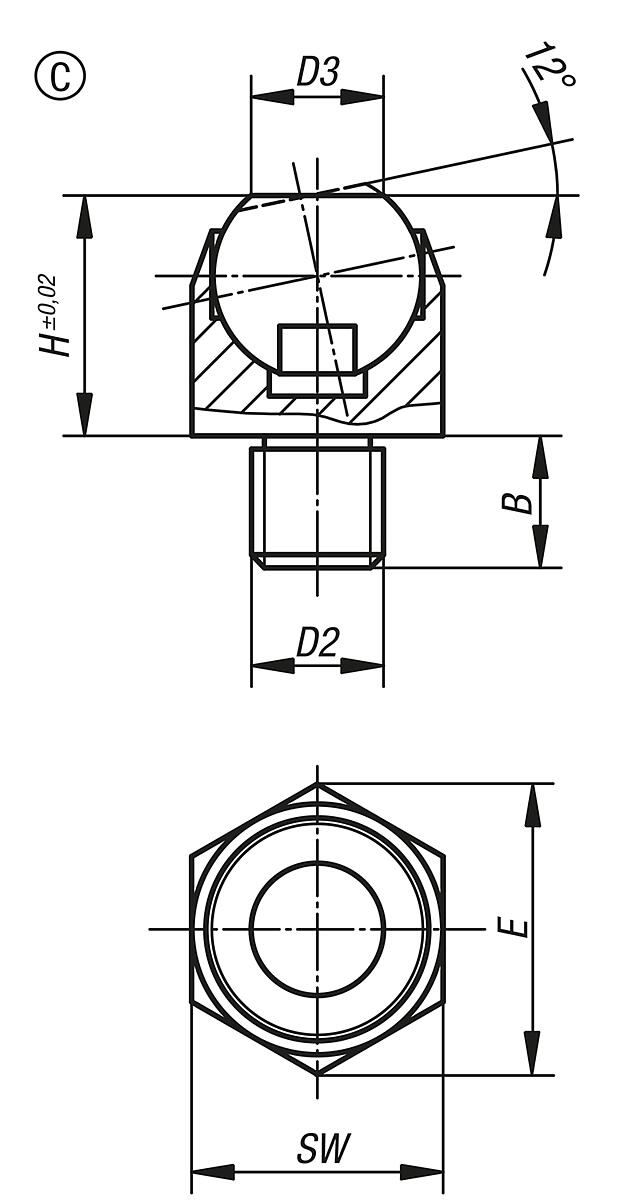 Kipp K0302.106 PENDELAUFLAGE FORM C  M6, - K0302-C Pendelauflagen - Neigungswinkel 12 Grad Form C - Massblatt
