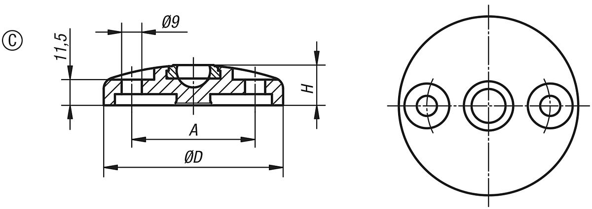 Kipp K0416.31001 TELLER F. GELENKFU? FORM C, - K0416-C Teller fuer Gelenkfuesse aus Zinkdruckguss oder Edelstahl - Form C - Massblatt