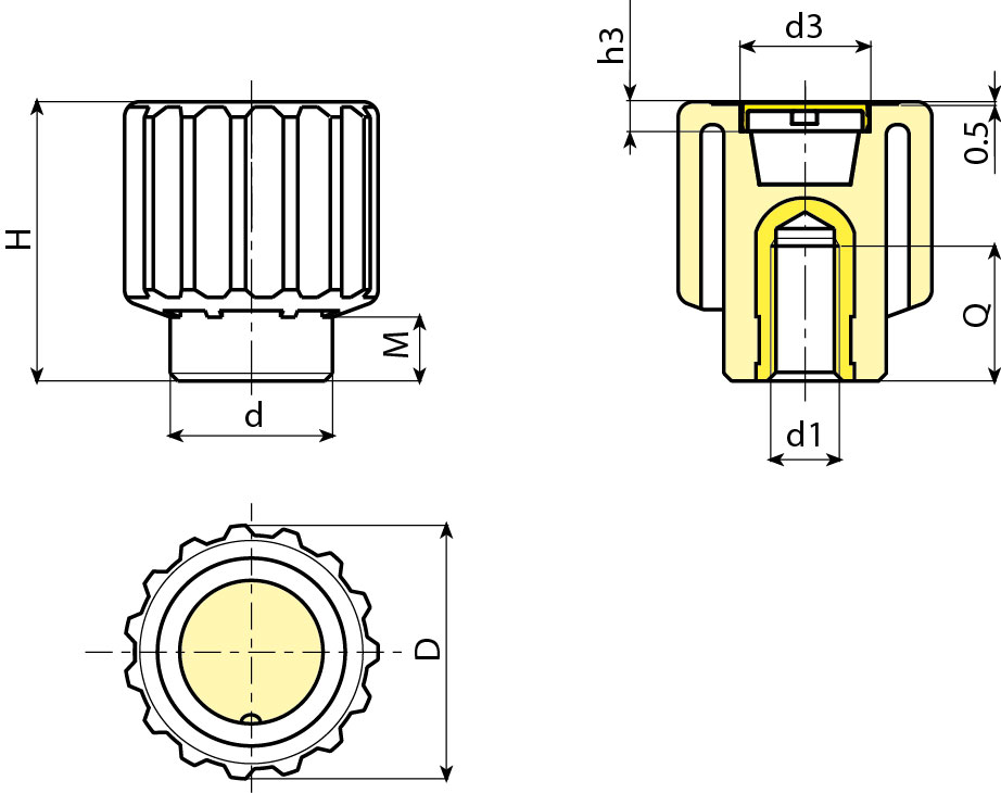 Leschhorn N241 Rändelmuttern  D 49; d 32; Gewinde d1 M8; Kunststoff PA, schwarz, - Boteco N241 Muffen