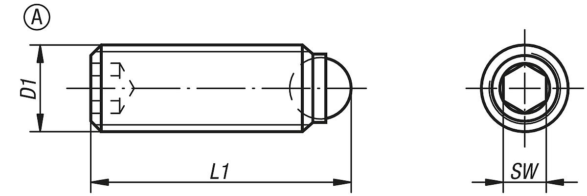 Kipp K0382.12030 KUGELDRUCKSCHRAUBE FORM A, OHNE KOPF, D1=M20X1,5, L=34,2 - K0382-A Kugeldruckschrauben ohne Kopf mit Feingewinde Form A - Massblatt