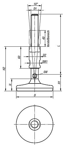 Kipp K0741.08016X143 STELLFUß EDELSTAHL  FÜR HYGIENEBEREICH, D=80, M16x143 - KIPP K0741 Stellfuesse Edelstahl fuer Hygienebereich