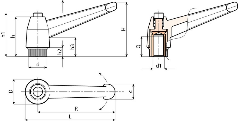 Leschhorn A562 verstellbare Klemmhebel  R 104; Innengewinde M12; Hebel schwarz; Knopf grau - Boteco A562 Starre Klemmhebel