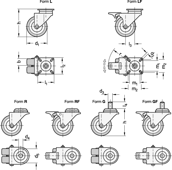 Ganter 22880-50-G-G-D-ST  Apparaterollen, Laufbelag Polyurethan, Radkörper Polyamid, Doppelrollen Ausführung, Rad-ø d1: 50, Lagerart: G - Gleitlager, Form (Gehäuse): G - Lenkrolle mit Gewindestift - GN 22880 Apparaterollen-Laufbelag Polyurethan-Radkoerper Polyamid-Doppelrollen Ausfuehrung-Massblatt