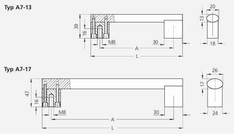 Leschhorn A7-13.R140.9003A Griff, antibakteriell, A=140, L=170, Aluminium - LE A7 antibakterielle Buegelgriff Serie - Massblatt