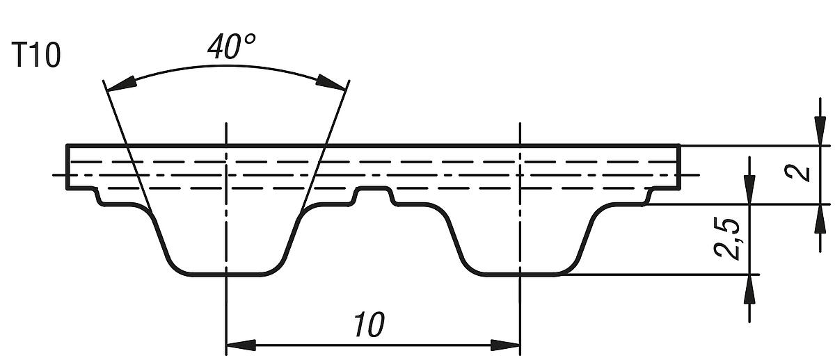Norelem 22052-1032X2250 ZAHNRIEMEN PROFIL T 10 L=2250 - NLM 22052-10 Zahnriemen Profil T10 - Massblatt