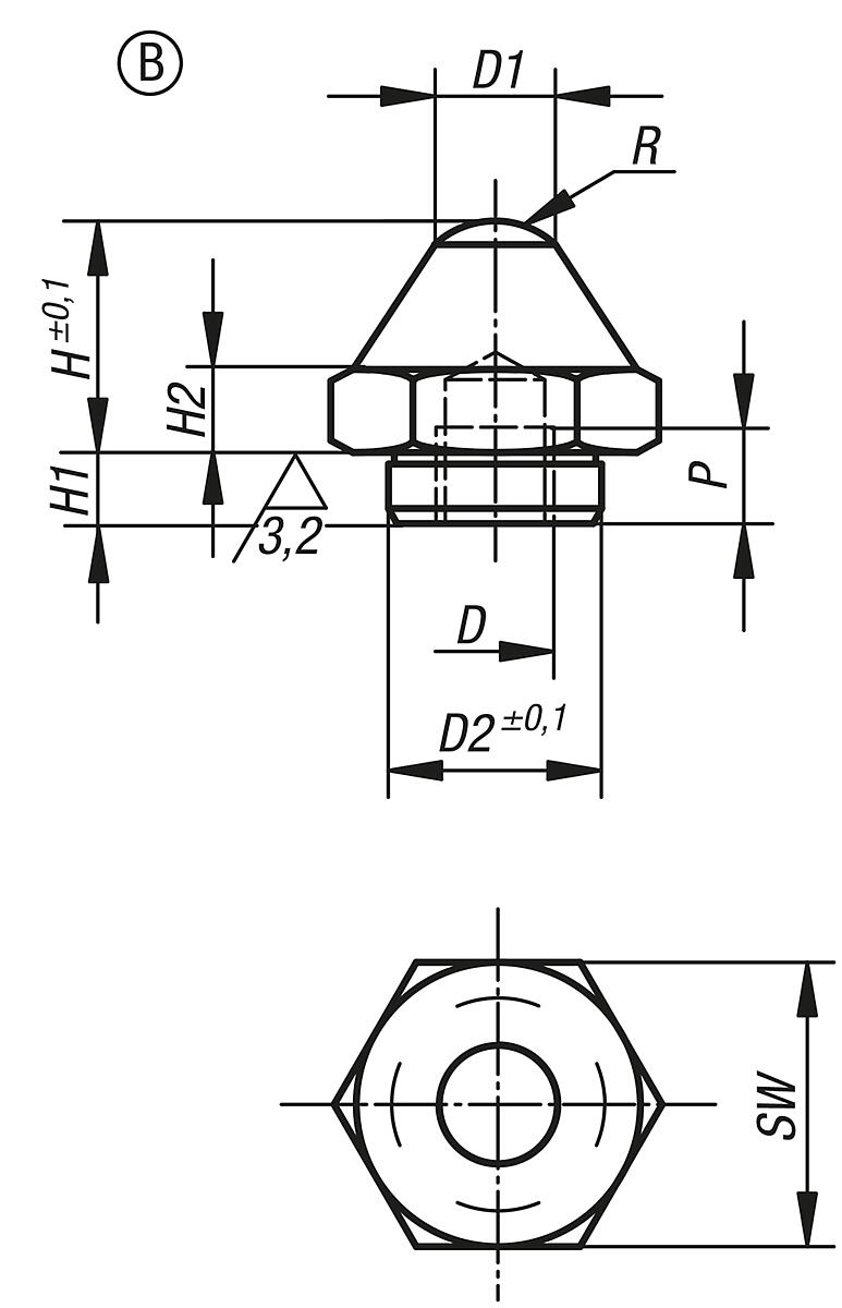Kipp K0295.210020 AUFLAGEBOLZEN M. POSITIONIERZAPFEN, FORM B, D=M10, H1=20 - K0295-B Auflagebolzen mit Positionierzapfen Form B - Massblatt