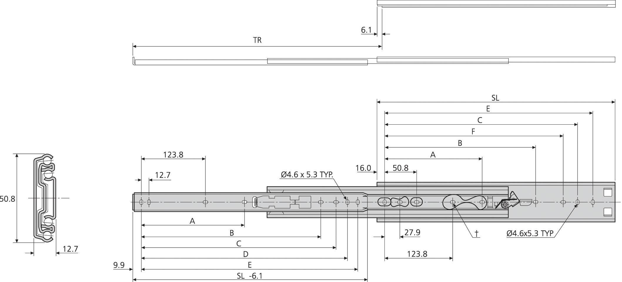 Accuride DZ3307-0018-2 Teleskopschienen 100% Überauszug, 12,7x50,8, SL 457, TR 483, 66kg, hell verzinkt - 3307 Accuride Teleskopschiene technische Zeichnung