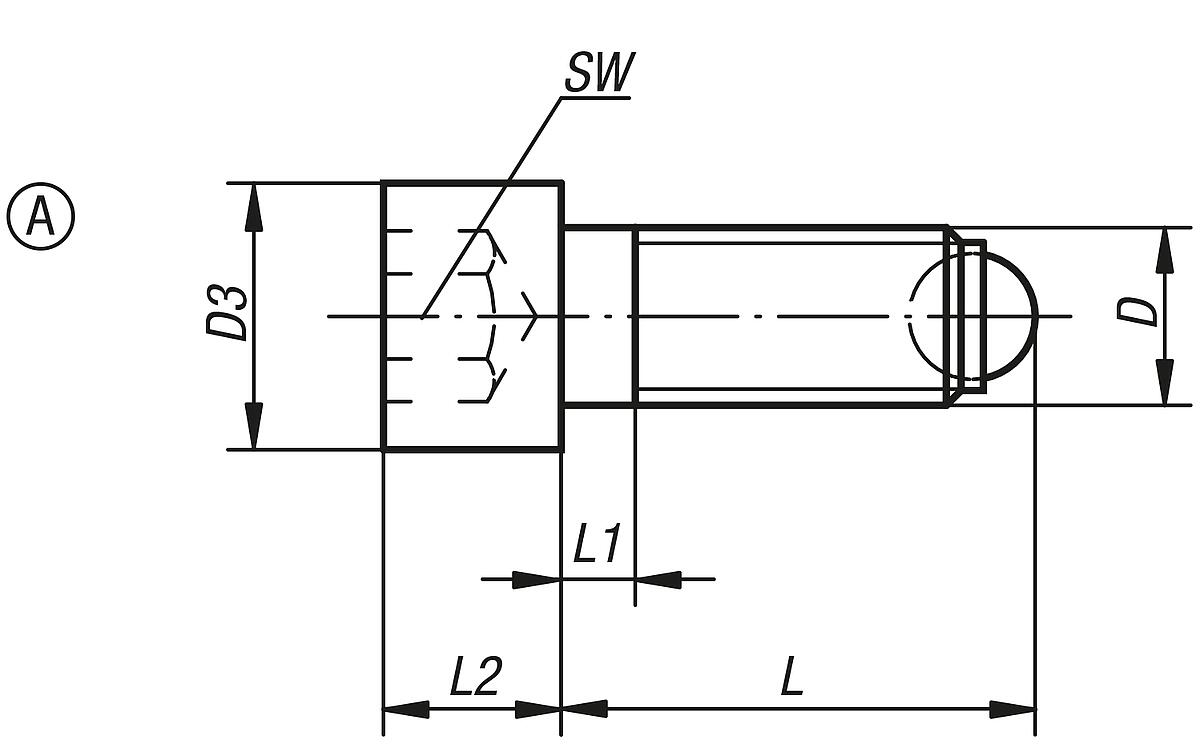 Norelem 07100-11040 KUGELDRUCKSCHRAUBE FORM A, MIT KOPF, D1=M10, L1=41,7 - NLM 07100-A Kugeldruckschrauben mit Kopf Form A - Massblatt