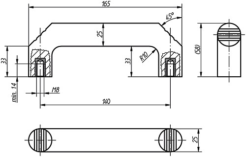 Kipp K0188.114008 BÜGELGRIFF A=140, M8, DUROPLAST FS31, BUCHSE MESSING - KIPP K0188 Buegelgriffe