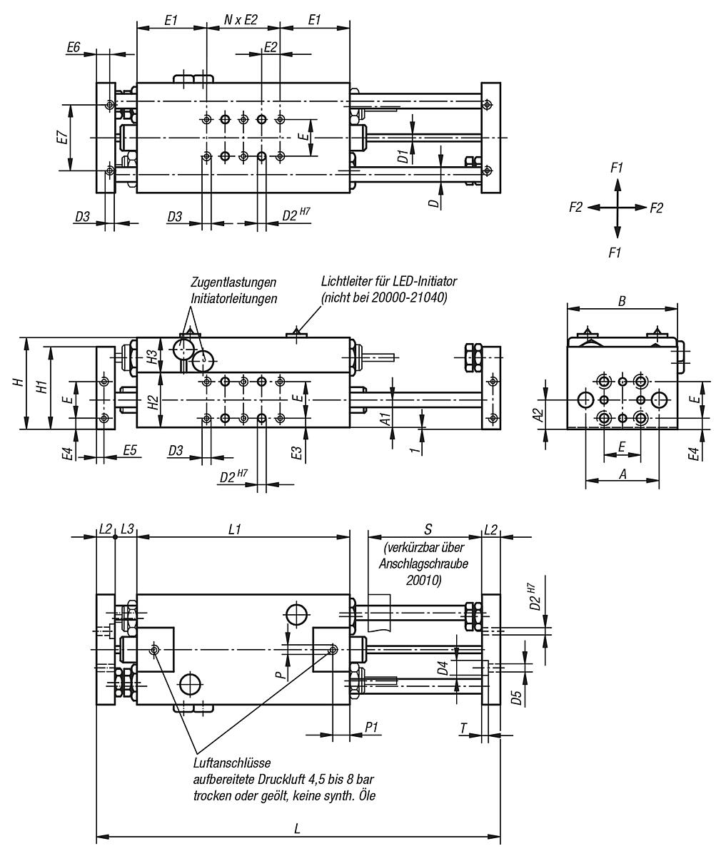 Norelem 20000-21040 LINEARMODUL PNEUMATISCH GR.1,C=40, MIT ZWEI RUNDFÜHRUNGEN - NLM 20000 Linearmodule pneumatisch mit zwei Rundfuehrungen - Massblatt