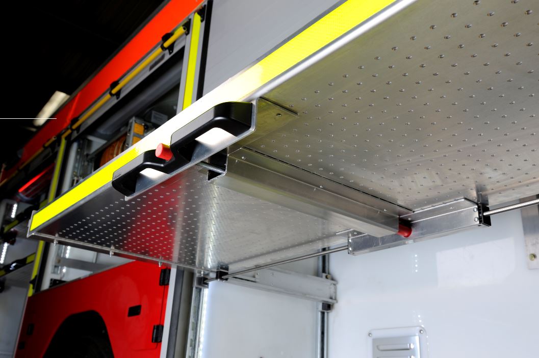Accuride DBHAND-2 Verriegelungshebel mit Einhalterungsmechanismus 1x Hebel und Druckknopf gelb, 2x Stütz- Verriegelungsblöcke, Stifte, Knopfdruck-Kraft: 120N - DBHAND lock out small