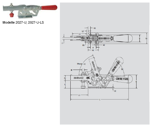 DESTACO 2027-U Horizontalspanner Haltekraft 3700N, Öffnungswinkel 70° - 2027-U U-LB Horizontalspanner - U- Spannarm - Fuss abgewinkelt