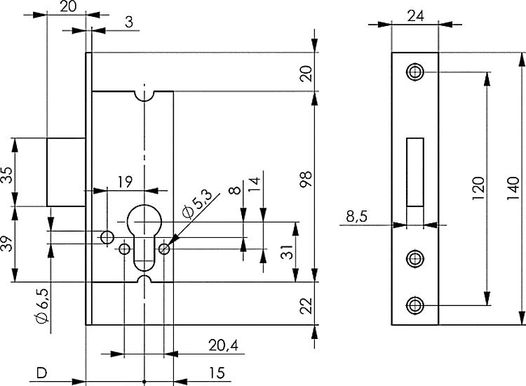 AMF 8410Z-25 Schweres Rohrrahmen-Riegelschloss, Schließung: PZ, D: 25 mm - LE 8410 Schweres Rohrrahmen-Riegelschloss -Skizze