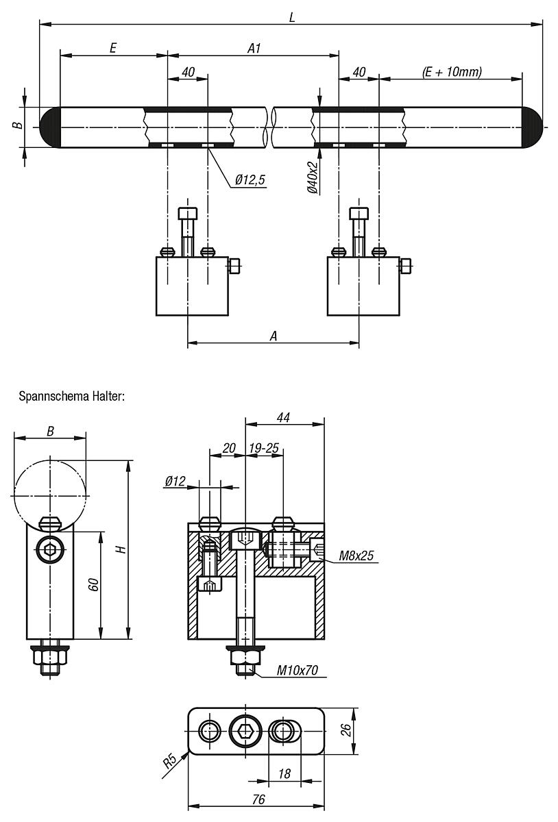 Kipp K0225.1000101 ROHRGRIFF, A=700, L=1000, - K0225 Rohrgriffe - Massblatt