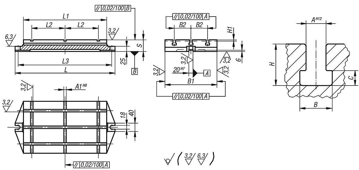 Norelem 01040-03 GRUNDPLATTE GG, MIT T NUTEN, L=395, B=19,5, S=56 - NLM 01040 Grundplatten mit T Nuten Grauguss - Massblatt