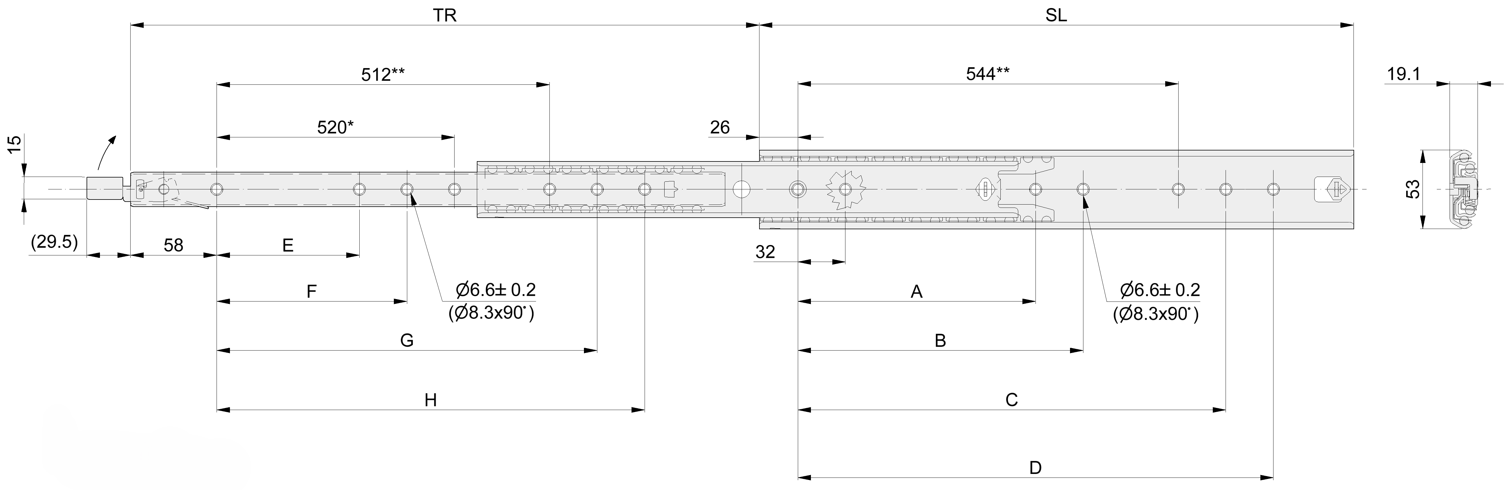 Accuride DZ5306-0030DO Teleskopschienen 100% Vollauszug, 19,1x53, SL 300, TR 323, 90kg - DZ5306DO Vollauszug-Teleskopschiene mit Einrastauszug - Massblatt