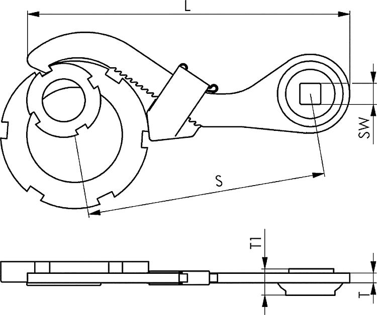 AMF 771Md-20- 42 Verstellbarer Hakenschlüssel mit Nase und Aufnahme für Drehmomentschlüssel, Größe : 20 - 42, L: 135, T: 4 - LE 771Md 42 Verstellbarer Hakenschluessel mitNaseundAufnahmeDrehmomentschluessel-Skizze