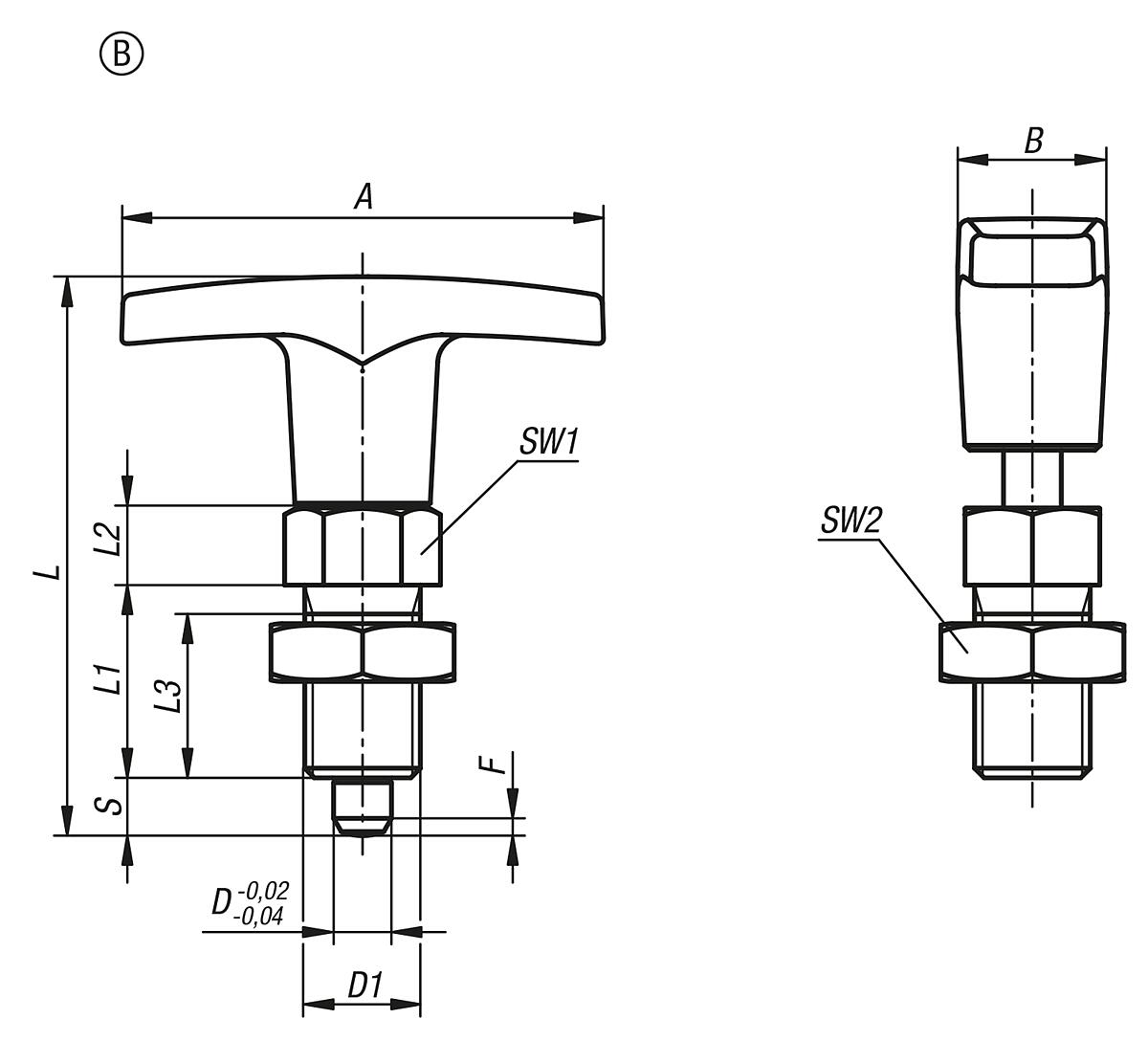 Kipp K1124_B Arretrierbolzen mit Kunststoff -T-Griff und Kontermutter - K1124-B Arretrierbolzen mit Kunststoff -T-Griff und Kontermutter - Massblatt