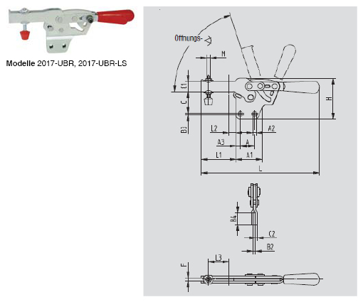 DESTACO 2017-U Horizontalspanner Haltekraft 2500N, Öffnungswinkel 75° - 2017-UBR UBR-LS Horizontalspanner - U- Spannarm - Fuss gerade mit Zusatzverriegelung