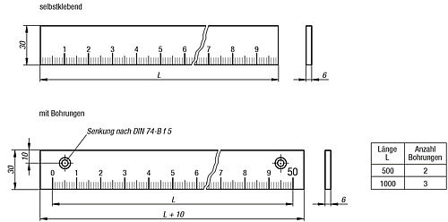 Norelem 21884-000010X0500 MASSSTAB EDELSTAHL, L=MM 500 MM - Norelem 21884 Massstaebe Aluminium selbstklebend oder mit Bohrungen
