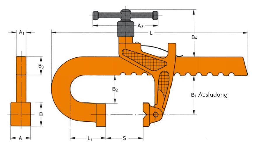 Leschhorn T186-12 Zahnstangen-Spanner Spannweite 300 mm,  CARVER Haltekraft 5650N - 27000N - CARVER Zahnstangenspanner -C- 1 Spannbacke