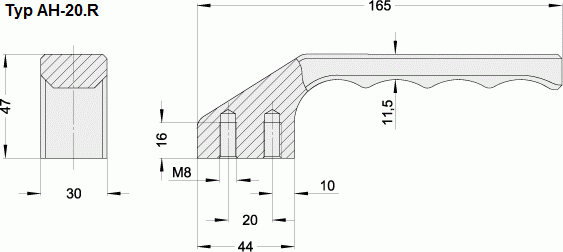 Leschhorn AH-14.R125.11   Maschinen- und Gerätegriffe rückseitige Befestigung AH-14.R Aluminium Bügelgriff, natur eloxiert - Leschhorn AH Griffhebel - Maschinen- und Geraetegriff - Zeichnung
