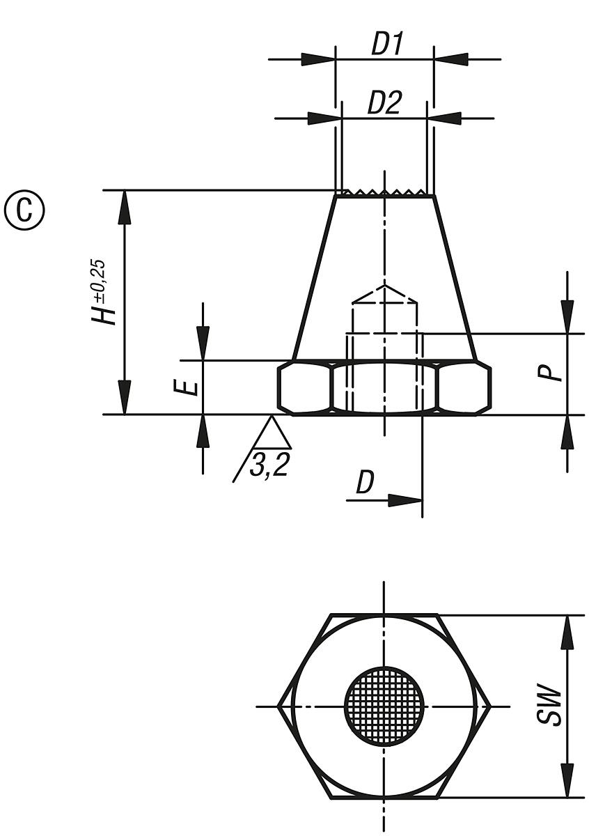 Kipp K0294.310020 AUFLAGEBOLZEN FORM C, D=M10, H=20 - K0294-C Auflagebolzen Form C - Massblatt
