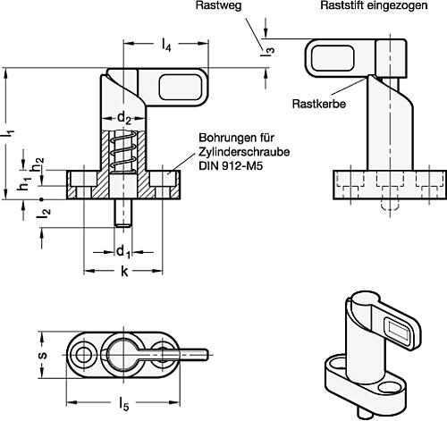 Ganter 612.10-10-10-16-SW Rastriegel mit Anschraubflansch - GN 612-10 Rastriegel mit Anschraubflansch-Skizze